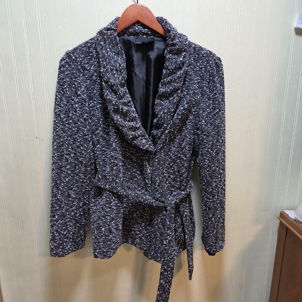 Cynthia Rowley Jacket Womens Medium Black Tweed Belted Shawl Collar Lined